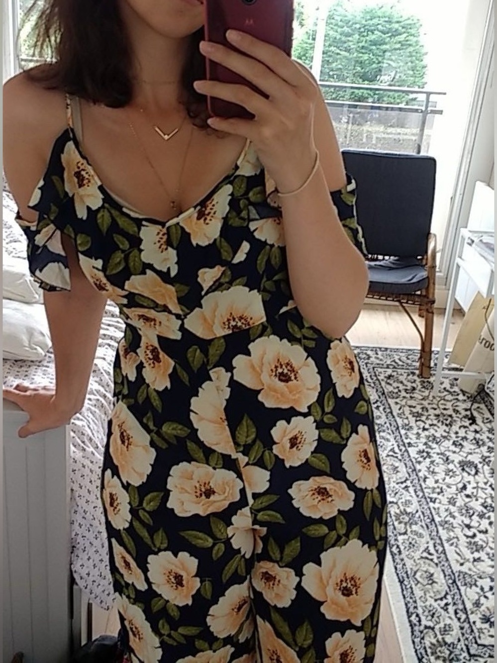 Forever 21 Navy Jumpsuit with Cream Flowers